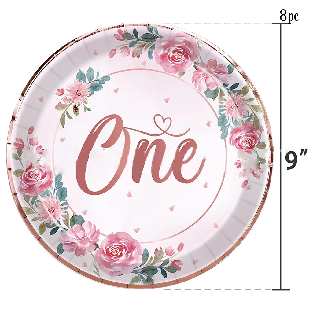 Pink Flower One Year Old Birthday Party Disposable Tableware Babyshower Girl Pink Paper Plates Baby Girl 1st Birthday Party Deco