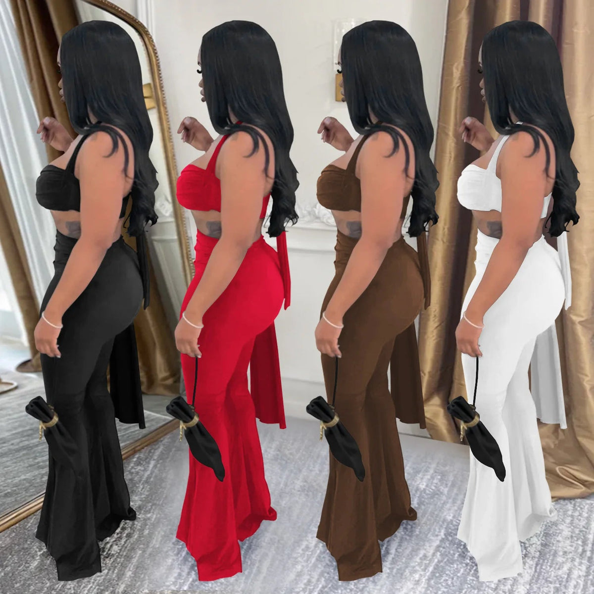 Sexy Women Outfits Twist-Front Crop Top and Long Straps Wide Leg Pants Sets Ruched Metal Tracksuits Sets Chic Night Out Overalls Good Vibrations
