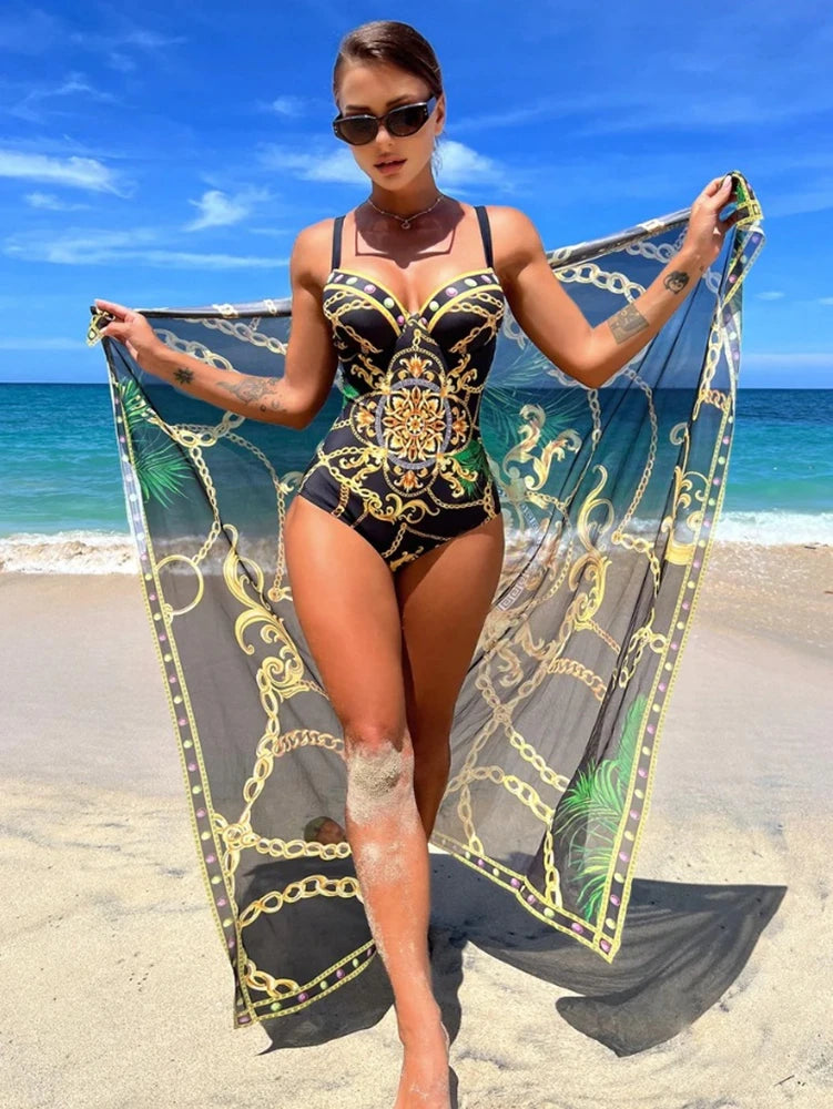 Underwire Women Sexy Swimsuit 2 Piece Swimwear Slim Monokini Chains Print Push Up Bikini Black Blue Green Beachwear Light luxury Good Vibrations
