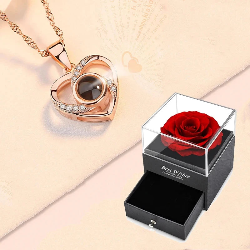 Christmas Gifts For Girlfriend 100 Languages I Love You Projection Necklace With Rose Gift Box 2023 Fashion Romantic Jewelry Good Vibrations
