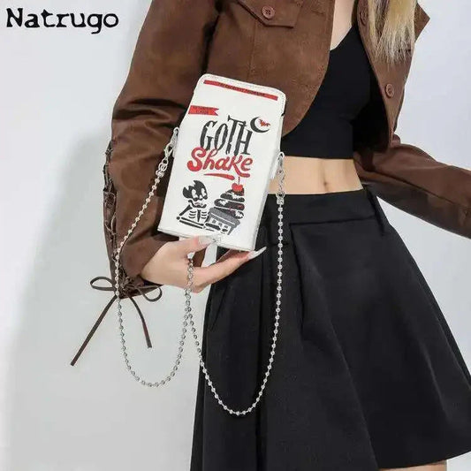 Printed graffiti small square crossbody bag with cartoon design and chain strap for girls