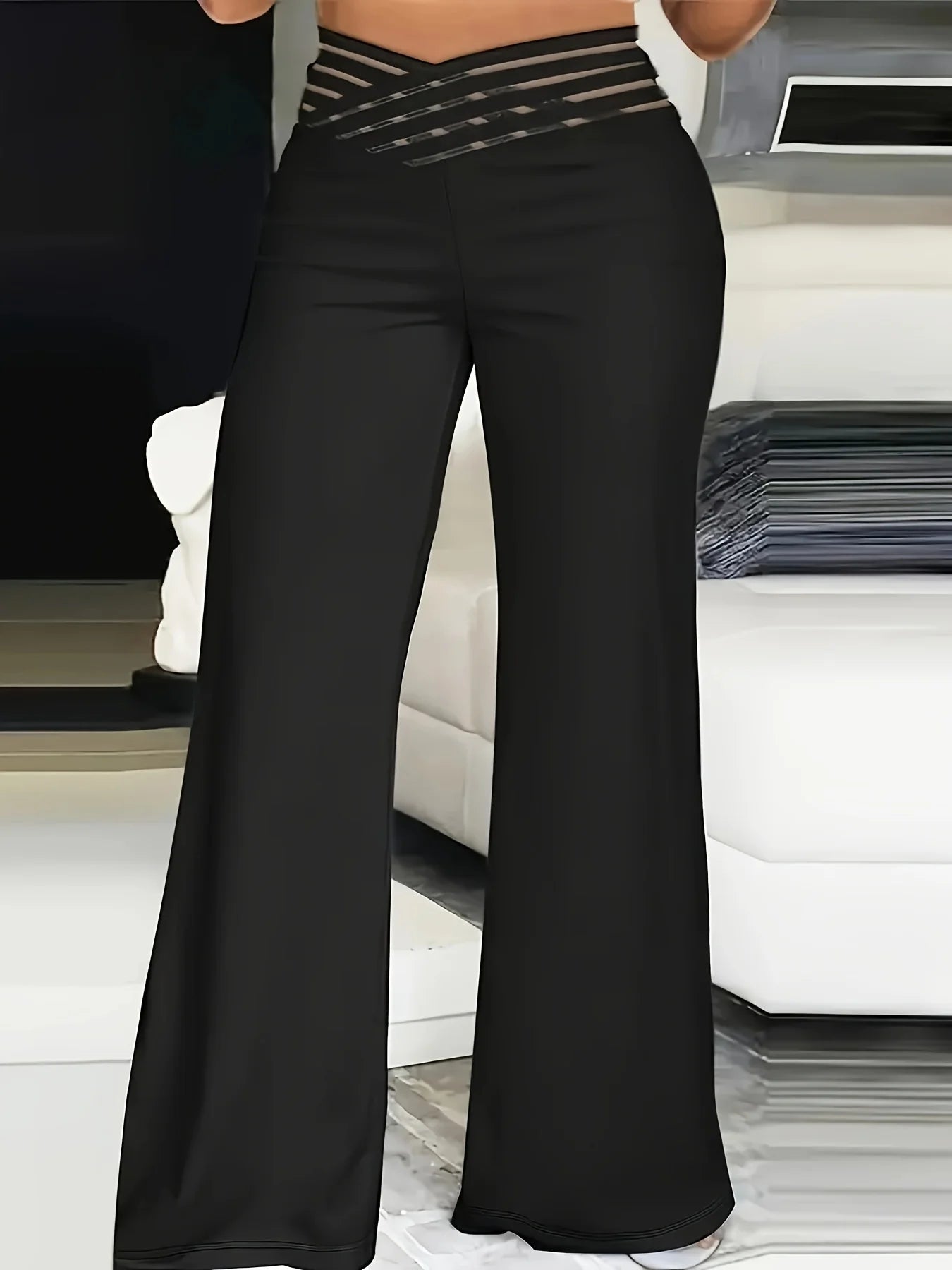 Plus Size Solid Mesh V Waist High Rise Straight Leg Trousers Good Vibrations