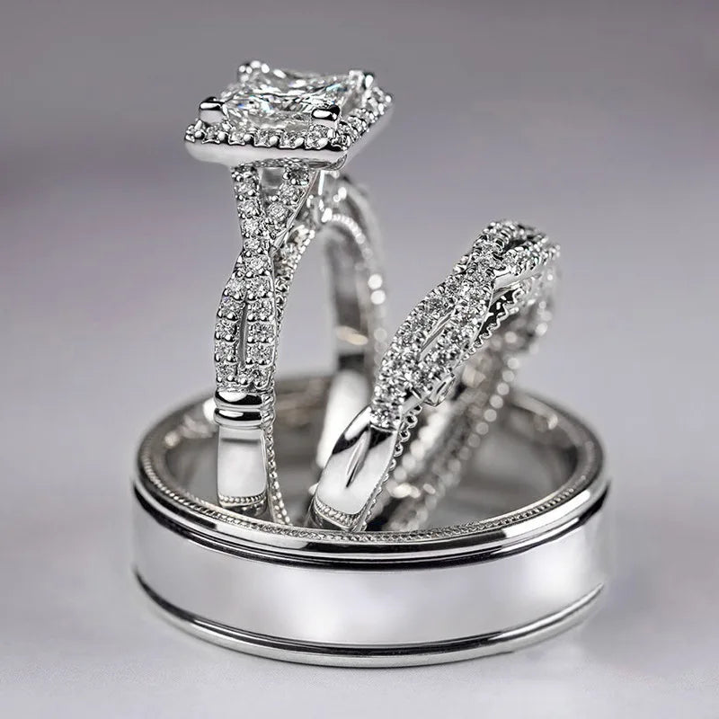 Charm Couple Rings Men Stainless Steel  Rhinestones Zircon Women Wedding Band  Set Valentine Day Jewelry Good Vibrations
