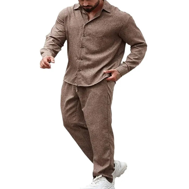 Men Shirt 2 Piece Sets Top Straight Pants Suit Single Breasted Turn Down Collar Drawstring Outfits 2025 Autumn Casual Ensemble Good Vibrations