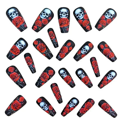 24 Halloween Nail Art Medium-Length Ballet Nails Press Ons with Design Red Rose Skullpcs False Nails for Girls Paste Nails 2025 Good Vibrations