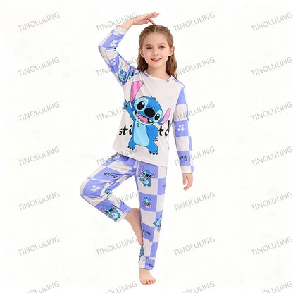 Children's Cartoon Stitch Pajamas Sets Boys Pijamas Girls Mickey Hello Kitty Sleepwear Comfortable Long Sleeve Nightwear Pjs Good Vibrations