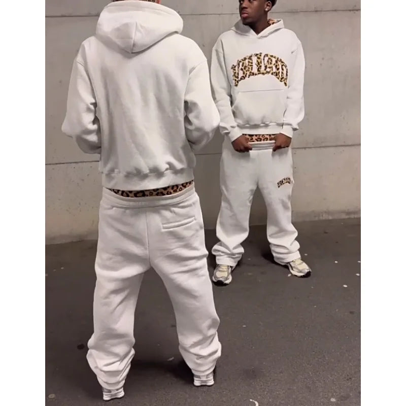 2025 European and American New Trendy High Street Leopard Print Loose Hooded Sweatshirt Casual Stacking Sweatpants Good Vibrations