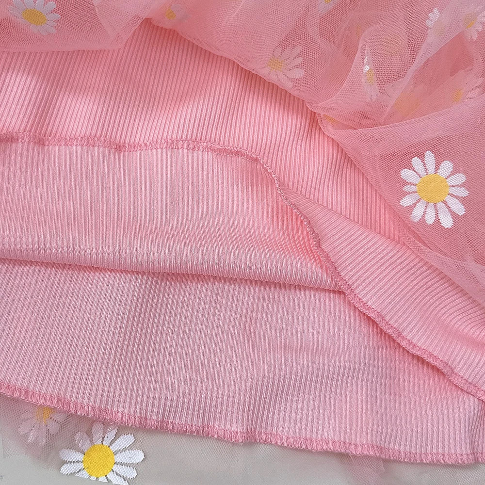 Summer Pink Cute And Cool Halter Dress Small Daisy Flower Mesh Puffy Princess Dress Children's Clothing Good Vibrations