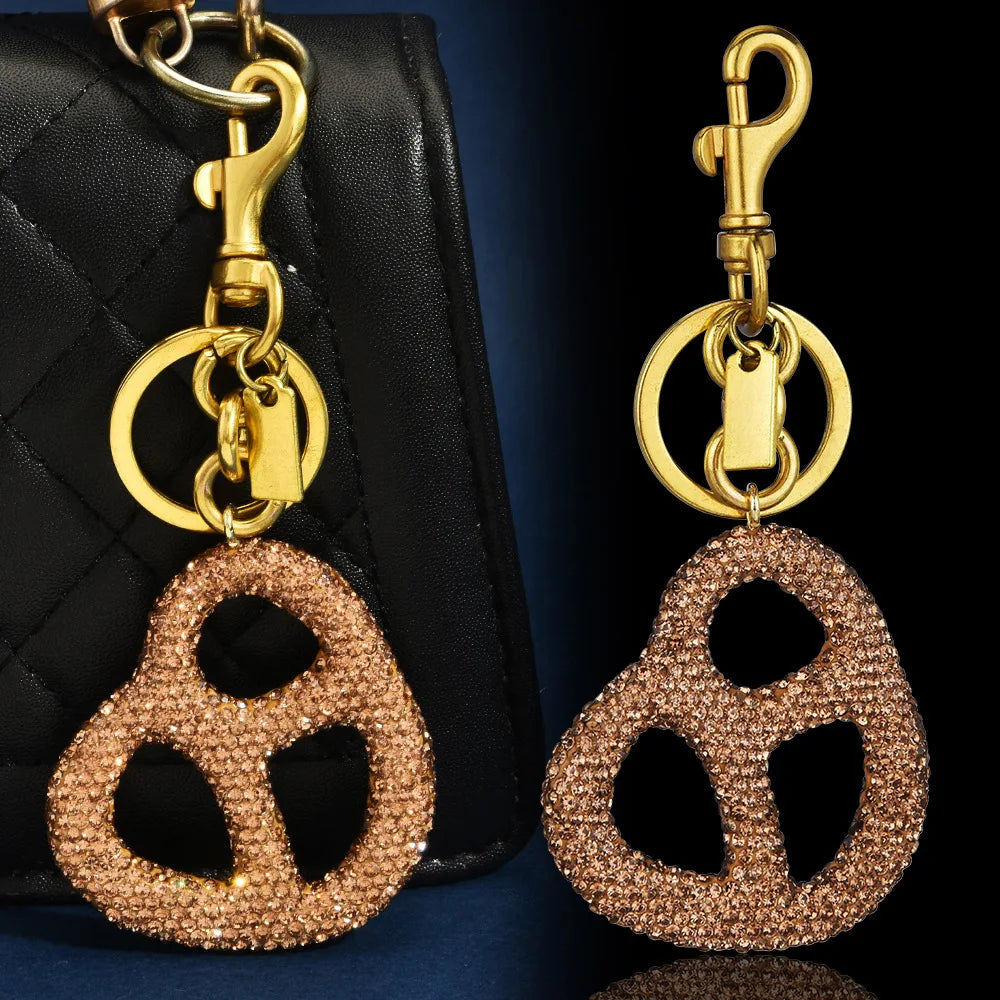 Rhinestone Pretzel Bag Charm Keychain Crystal Gold Hardware Sparkly Purse Pendant Accessory Cute Funny Foodie Gifts For Friends Good Vibrations