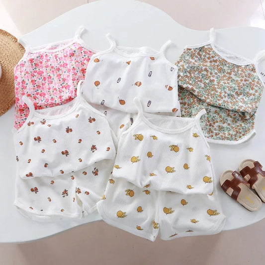 Girls Summer Clothes Sets New Baby Sleeveless Tops Shorts 2 Pieces Suit Girls Square Collar Clothing Set Kids Cotton Clothes Good Vibrations