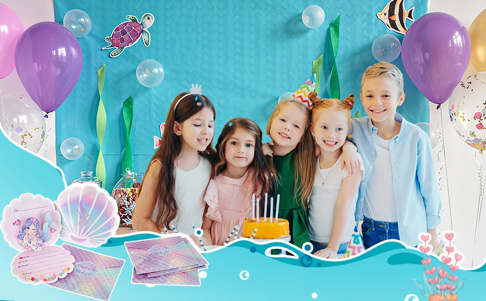 Mermaid Birthday Invitations Girls,3D Pearlescent Invitations Mermaid Party Supplies for Under the Sea Ocean Party Decorations Good Vibrations