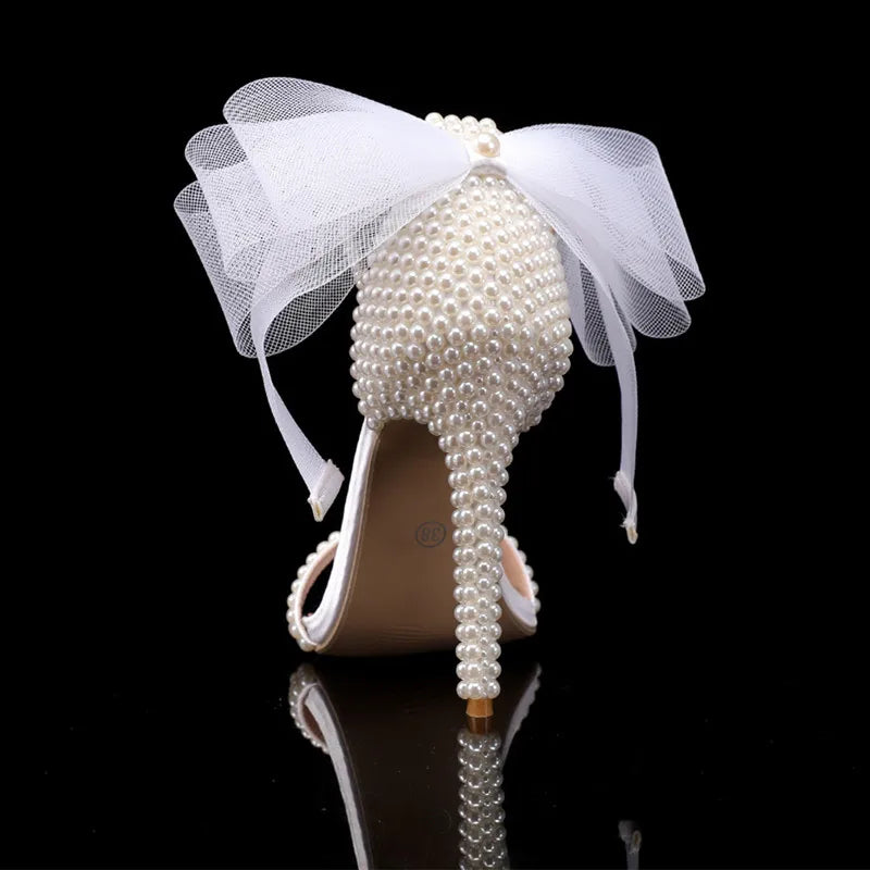 Summer New brand Fashion Bowknot Beading Women Gladiator Sandals Luxury Pearls White thin High heels Wedding Bridal Party Shoes Good Vibrations