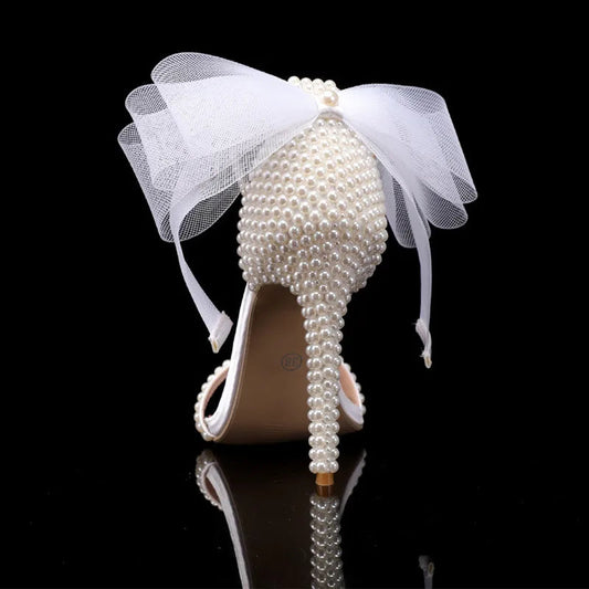 Summer New brand Fashion Bowknot Beading Women Gladiator Sandals Luxury Pearls White thin High heels Wedding Bridal Party Shoes Good Vibrations