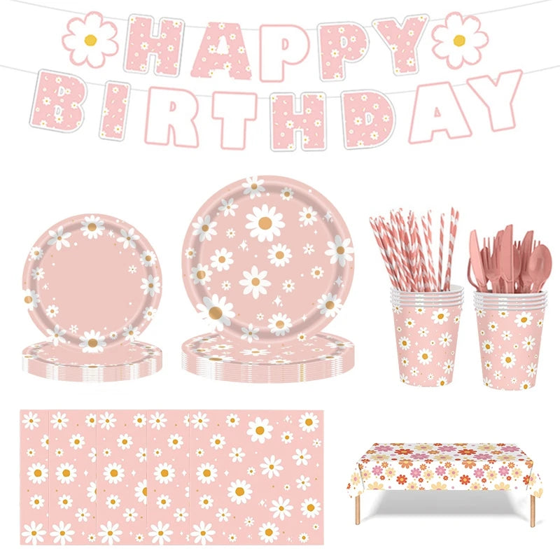 24pcs 7/9inch Pink Daisy Theme Disposable Tableware Flower Plate Napkin Straws Banner Birthday Party Baby Shower Wedding Decor Good Vibrations