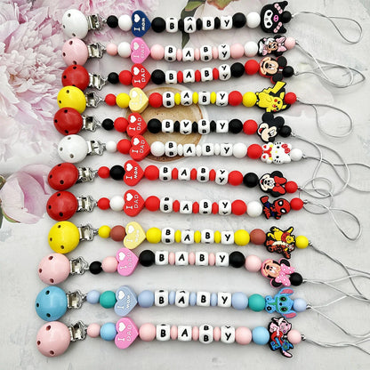 Personalized English Letters Baby Silicone Cartoon Disne Pacifier Clips Chains Holder Teether Pendants Teething Kawaii Baby Gift Good Vibrations