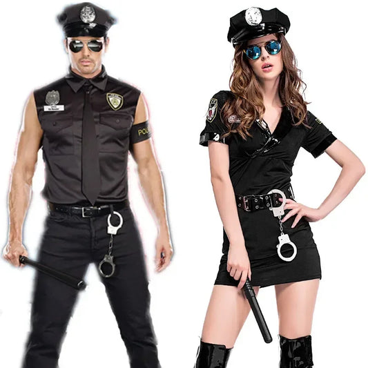 Couples adult police officer costumes for men and women with hats, sunglasses, batons, and handcuffs for Halloween cosplay