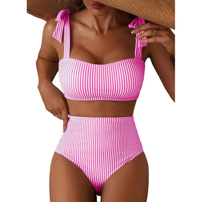Women's 2026 Two Piece Bikini Set Striped High Waist Tie Shoulder Swimsuit Summer Beachwear Good Vibrations
