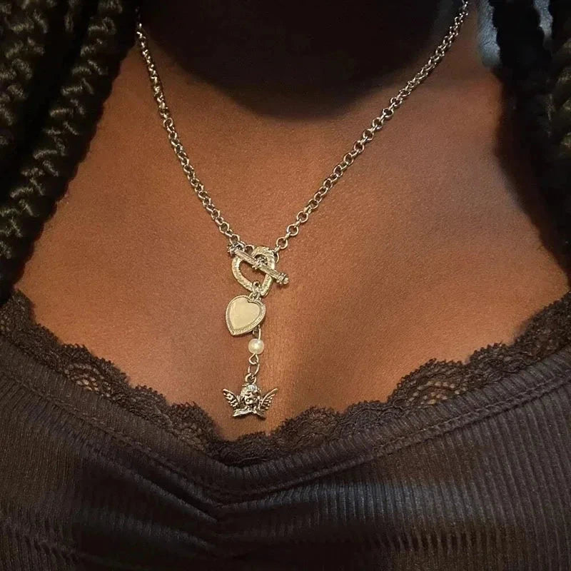 Vintage Kpop Y2K Pendant Necklaces For Women Punk Gothic Zircon Heart Cross Tassel Necklace Clavicle Choker Jewelry Gifts Good Vibrations