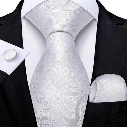 Men's Ties White Sliver Hanky Cufflinks Set Silk Neck ties For Men Wedding Party Business Mens Tie 2022 New Fashion Brand Hi-Tie Good Vibrations