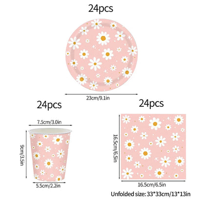 24pcs 7/9inch Pink Daisy Theme Disposable Tableware Flower Plate Napkin Straws Banner Birthday Party Baby Shower Wedding Decor Good Vibrations