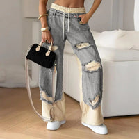 Summer Women's Large Hole Patchwork Jeans High Waist Wide Legs Trousers Cool Girl Casual Bottoms Female Denim Pants Good Vibrations