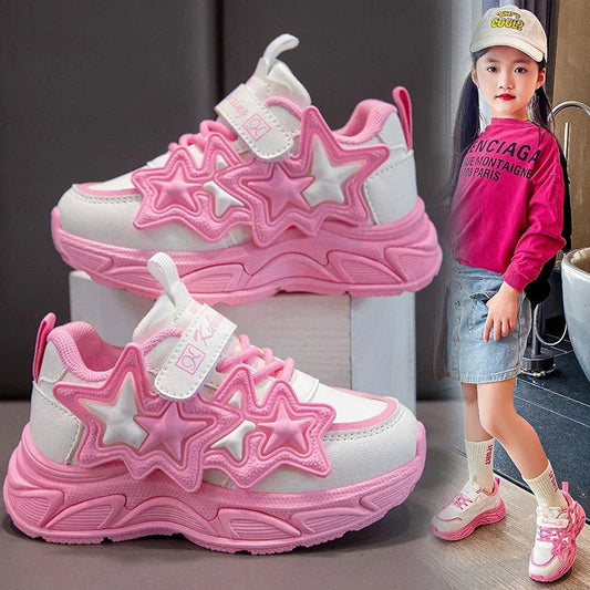 Children Casual Shoes for Girls Fashion Classic with Stars Girls Sports Running Sneakers Breathable PU + Rubber Anti-skid Soft Good Vibrations