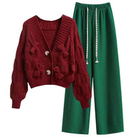 Two Piece Set For Women New In Sweater Matching Sets Korean Sweet Bow Outfit Long Sleeve Cardigan Knitwear Wide Leg Pants Set Good Vibrations