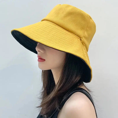 Summer Women Double-sided Bucket Hats Fashion Big Brim Foldable Solid Sun Hat Outdoor Beach Visor Caps Fisherman Cap for Travel Good Vibrations