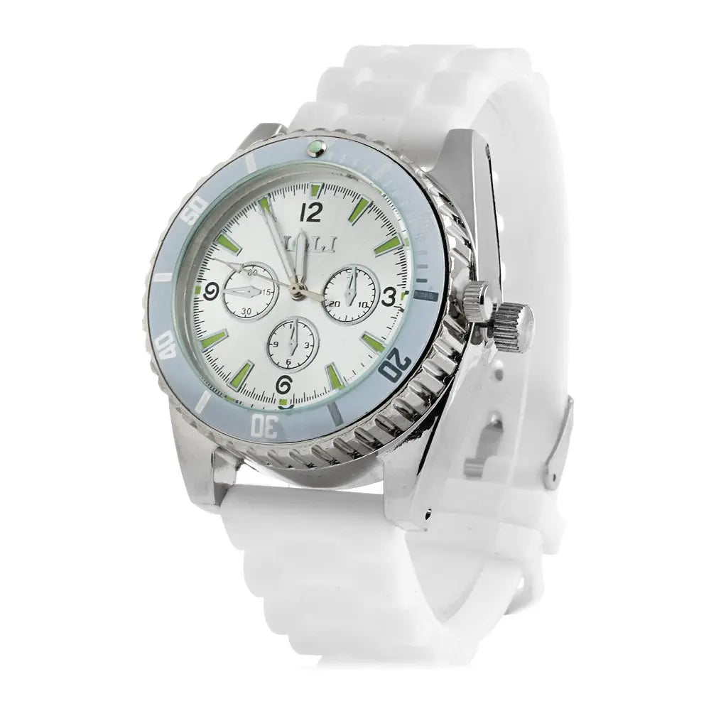 Portable watch style tobacco grass grinder with white band, 42mm diameter, ideal for outdoor travel and DIY smoking accessories.