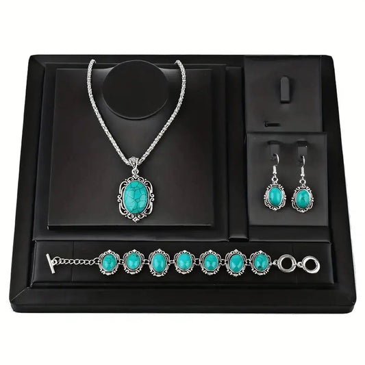 3pcs Women's Vintage Turquoise Bracelet Necklace Earrings Set, Healing Stone Decoration Gift(Without Box) Good Vibrations Adult Super Store