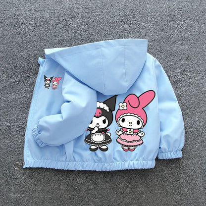 Kuromi Melody Girls Windbreaker Jacket 2024 New Spring Autumn Kid Fashion Cartoon Zipper Hooded Coat Teen Clothing Birthday Gift Good Vibrations