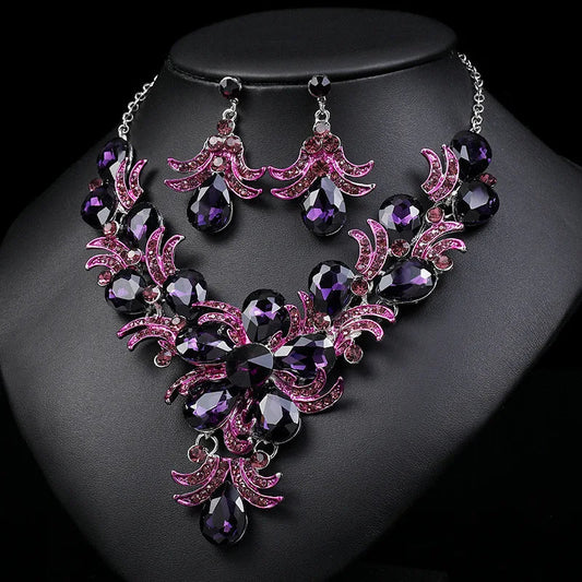 Purple Jewelry Set Wholesale Wedding Accessories Luxury Crystal Rhinestone Flower Statement Earrings and Necklace for Women Good Vibrations