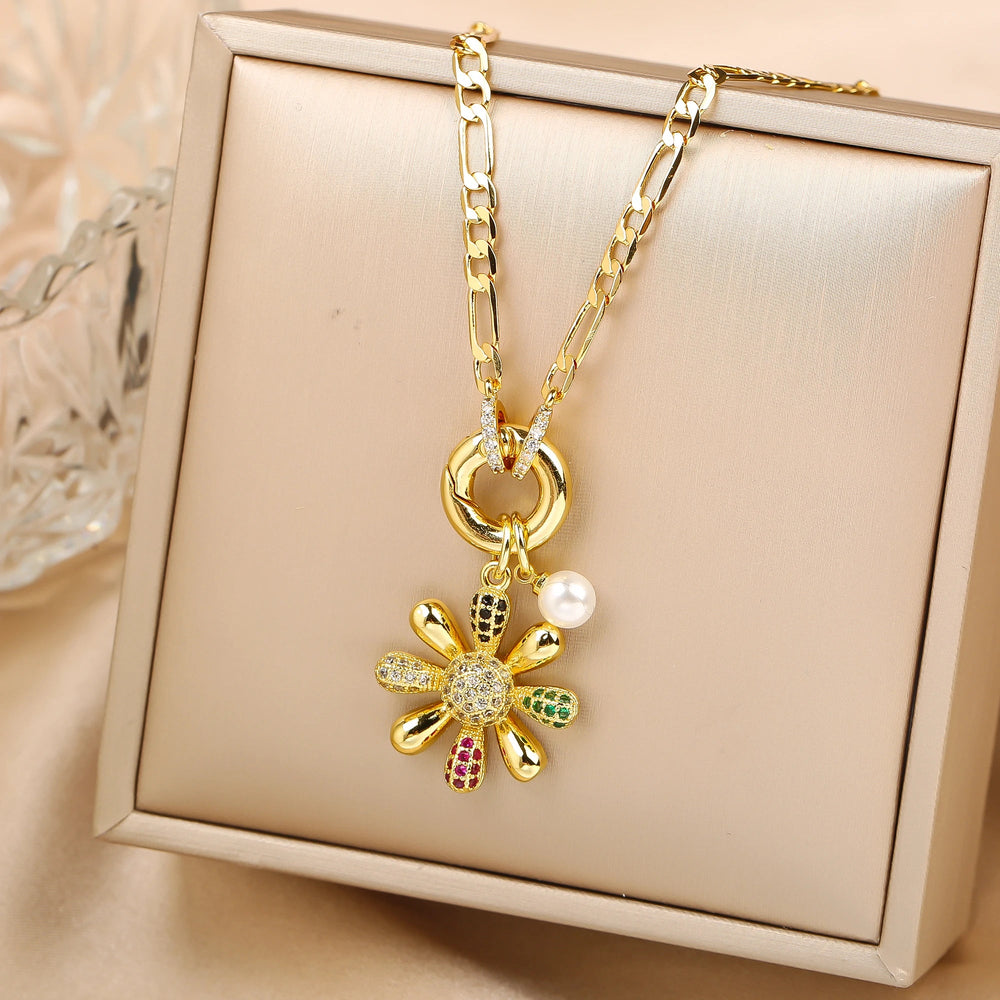 New Arrival Luxury Botanical Flower Sunflower Zirconia Pendant Necklace Glamorous for Woman Girl New Trend Neck Jewelry Gift Good Vibrations Adult Super Store