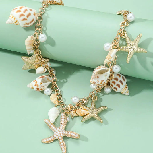 1 Vacation Style Ocean Series Shell Starfish   ImitationPearl Necklace Women's Vacation Leisure Party Exaggerated Shell Necklac Good Vibrations