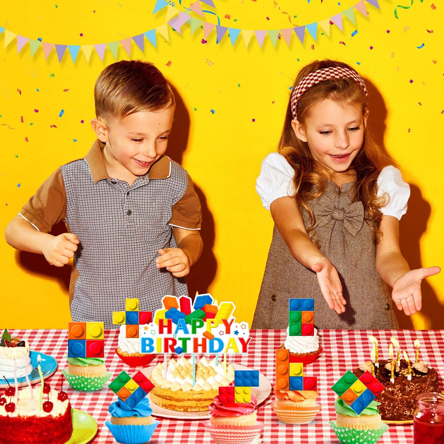 Building Blocks Cake Topper, 24 Pcs Building Block Birthday Party Cupcake Toppers + 1 Pcs Building Block Birthday Cake Topper Good Vibrations