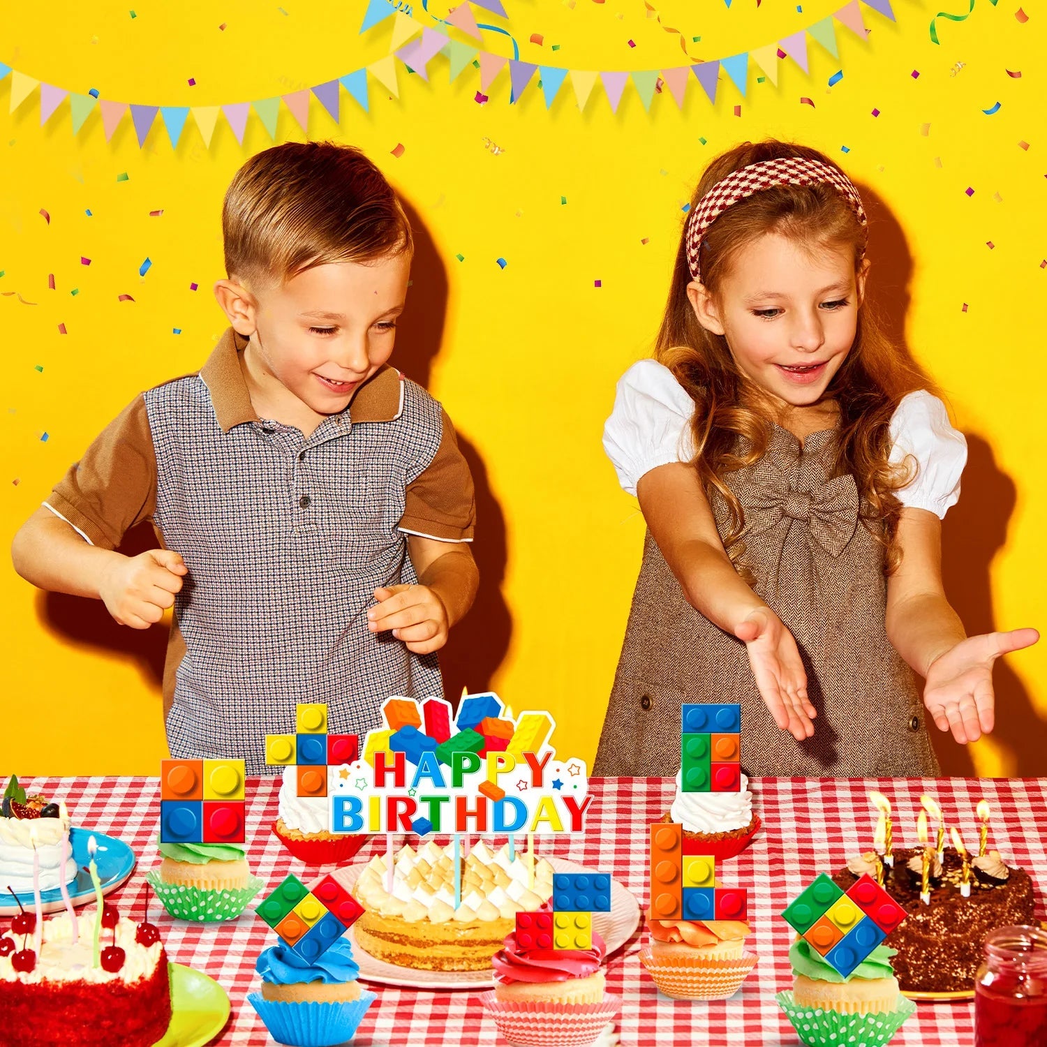 Building Blocks Cake Topper, 24 Pcs Building Block Birthday Party Cupcake Toppers + 1 Pcs Building Block Birthday Cake Topper Good Vibrations