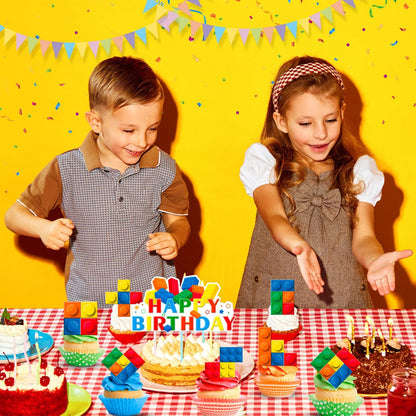 Building Blocks Cake Topper, 24 Pcs Building Block Birthday Party Cupcake Toppers + 1 Pcs Building Block Birthday Cake Topper Good Vibrations