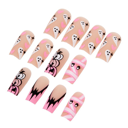 24pcs Gradient Pink French Style Press On Nails Cute Bandage Ghost Pumpkin Printed Halloween Fake Nails Medium Coffin False Nail Good Vibrations