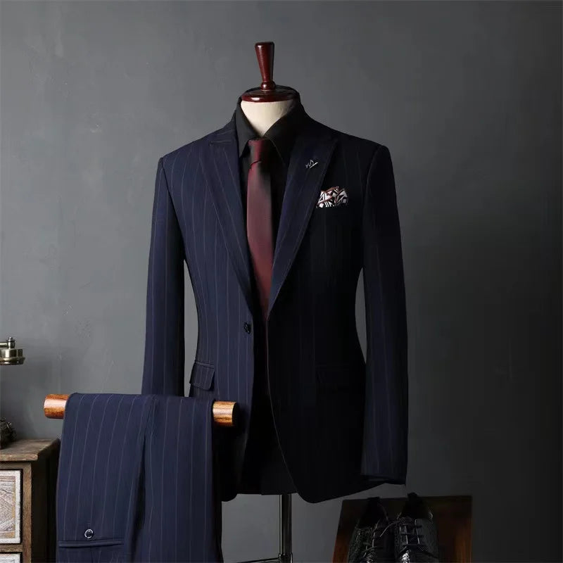 Striped suit set for men, groom's suit, British style groomsman's suit, business formal attire, wedding suit, men's suit