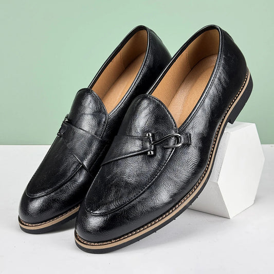 Men's Formal Leather Shoes British Style Poop Loafers Over-The-Foot Pointed Toe Breathable Non-Slip Business Casual Wedding Office Black Shoes Good Vibrations