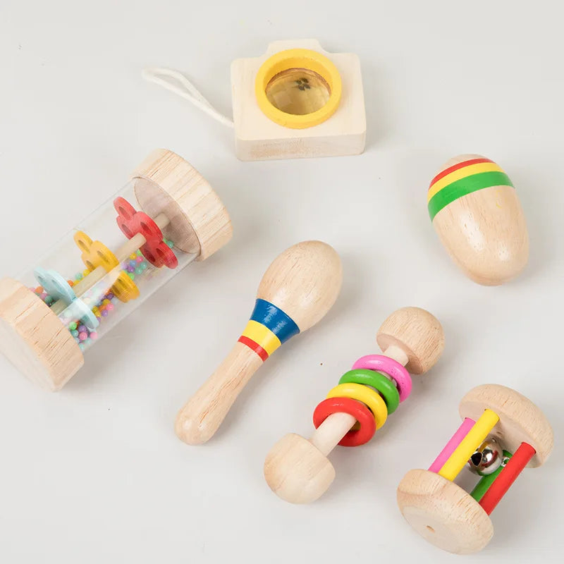 6pcs/set Wooden Musical Instruments Toys, Small Rattle, Sand Hammer, Sand Ball, Shake Bell Kaleidoscope, Griping Practice Toys Good Vibrations