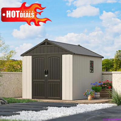 Customizable 8 X 10 FT Resin Outdoor Storage Shed With Floor, Plastic Shed With Window And Lockable Door For Garden, Backyard, T