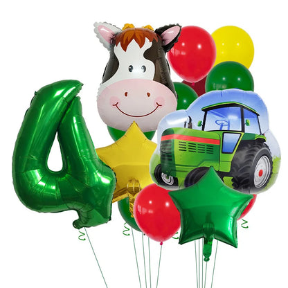 14pcs Farm Themed Tractor Milk Cow Head Balloon 32 inch Green Number Birthday Balloon Set Festive Party Decoration Birthday Gift Good Vibrations