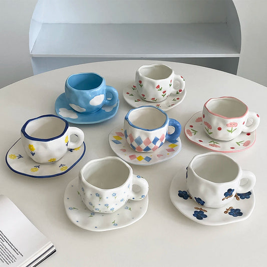 1Pc280Ml Original Design Scandinavian Style Hand-Kneaded Ceramic Coffee Cup and Saucer Multi-Color Plaid Heart Blue Sky and White Clouds Flower Mug Suitable for Afternoon Tea Milk Cup and Saucer Latte Cup Dessert Plate Cup an Good Vibrations