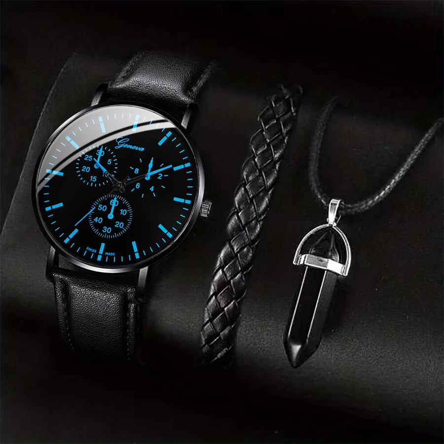 3PCS/Set Men Business Watches Casual Leather Band Analog Male's Quartz Watch Necklace Bracelet Set Good Vibrations
