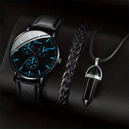 3PCS/Set Men Business Watches Casual Leather Band Analog Male's Quartz Watch Necklace Bracelet Set Good Vibrations