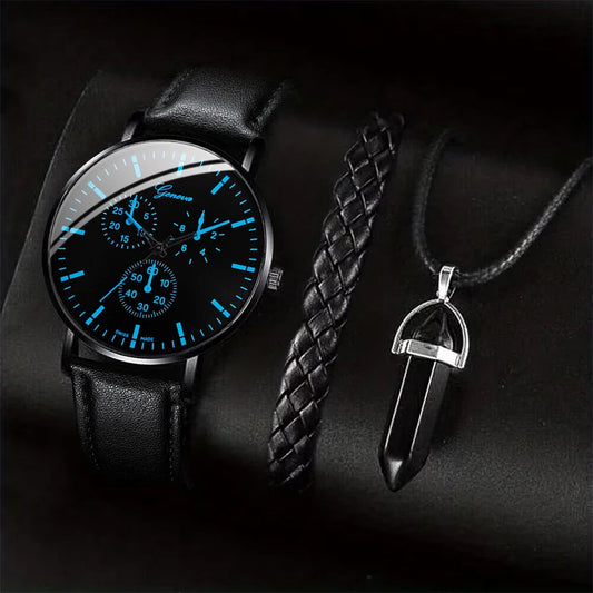 3PCS/Set Men Business Watches Casual Leather Band Analog Male's Quartz Watch Necklace Bracelet Set Good Vibrations