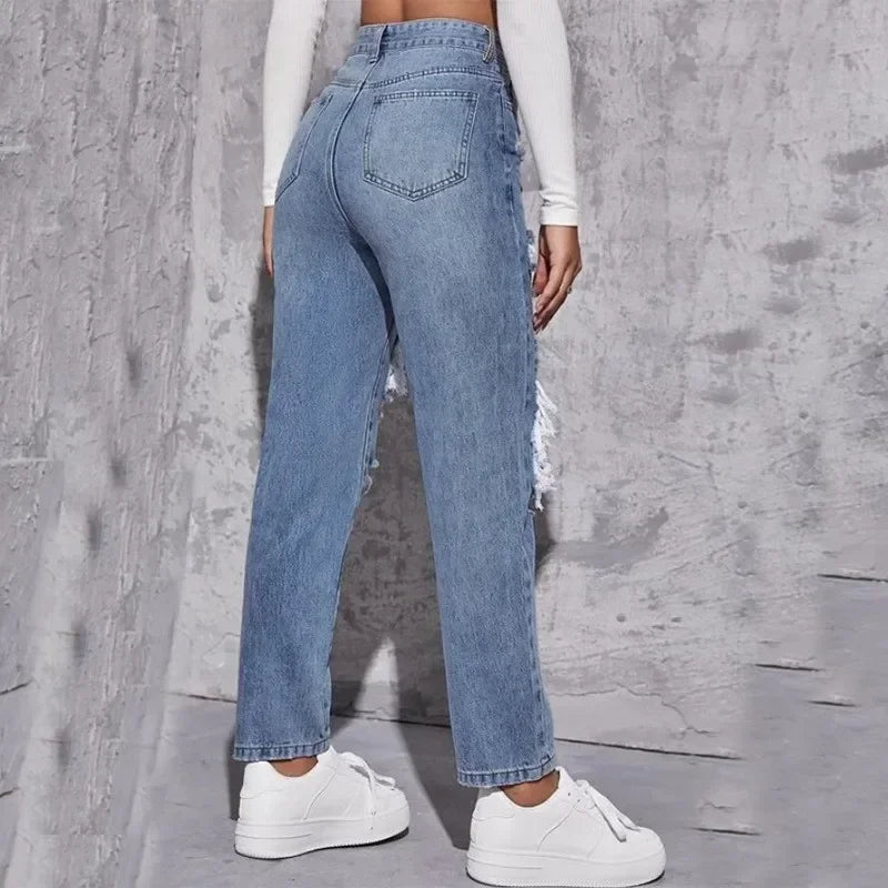 Hole High Waist Mom Jeans Women Flare Pants Denim Autumn 2025 Casual Long Streetwear Slim Fit Trousers Capris Baggy Jeans Good Vibrations