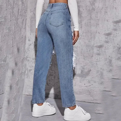 Hole High Waist Mom Jeans Women Flare Pants Denim Autumn 2025 Casual Long Streetwear Slim Fit Trousers Capris Baggy Jeans Good Vibrations