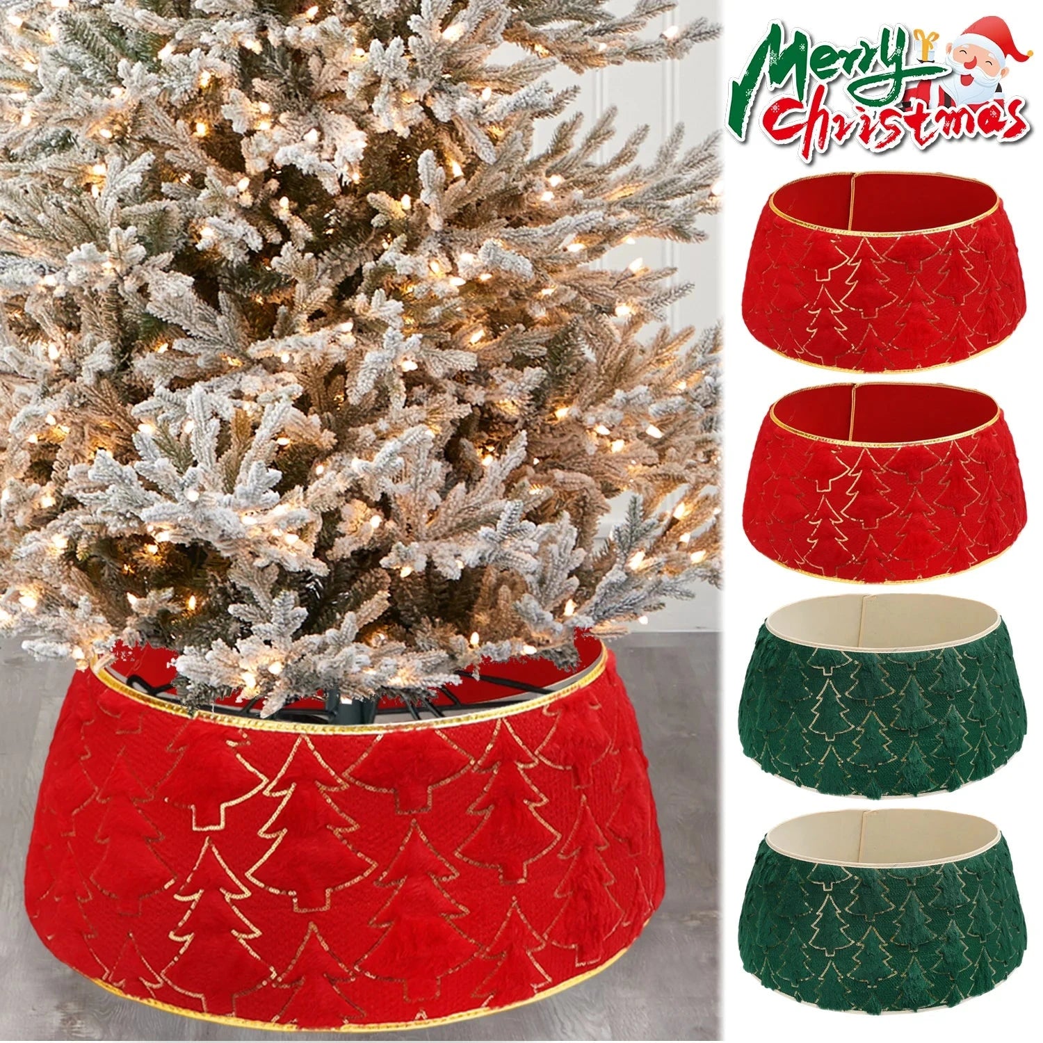 Christmas Tree Collar Red and Green Felt Decorations Tree Skirt Alternative Stereoscopic Tree Bottom Surrounder Party Display Good Vibrations